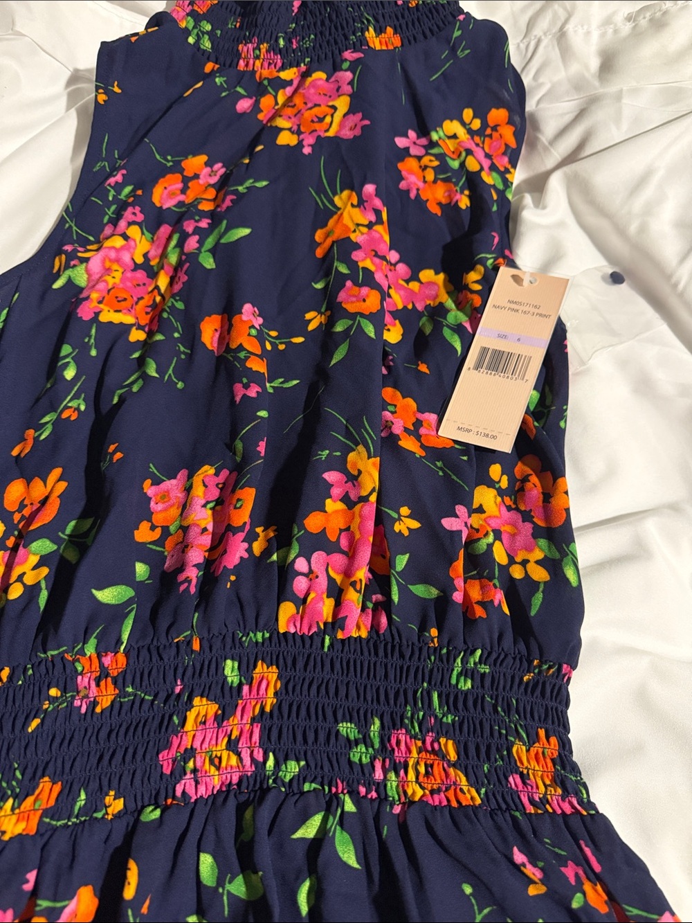 Nanette Lepore Navy Floral Smocked Waist Sleeveless Dress - Picture 2 of 7